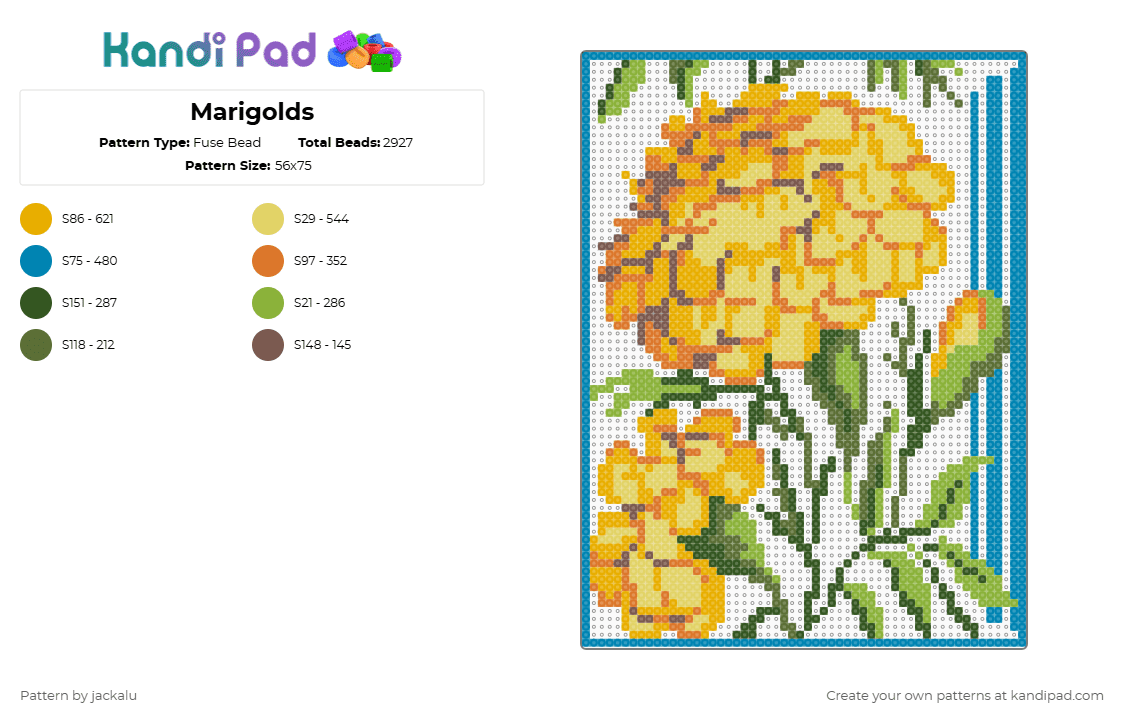 Marigolds - Fuse Bead Pattern by jackalu on Kandi Pad - orange,gold,yellow,light blue,flower,marigolds,floral