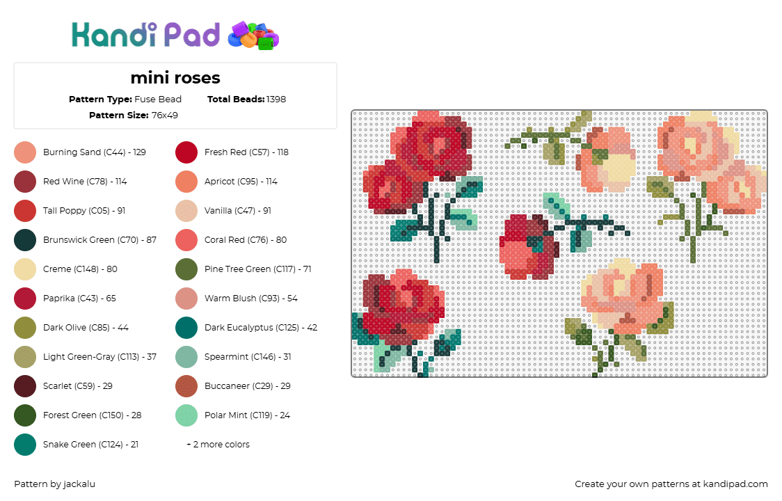 mini roses - Fuse Bead Pattern by jackalu on Kandi Pad - roses,flowers,garden,nature,love,valentine,red,pink,green