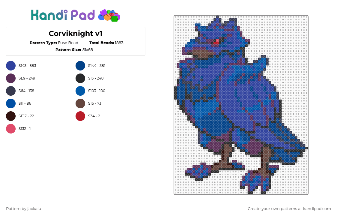 Corviknight v1 - Fuse Bead Pattern by jackalu on Kandi Pad - blue,purple,pokemon,bird,dark,corviknight