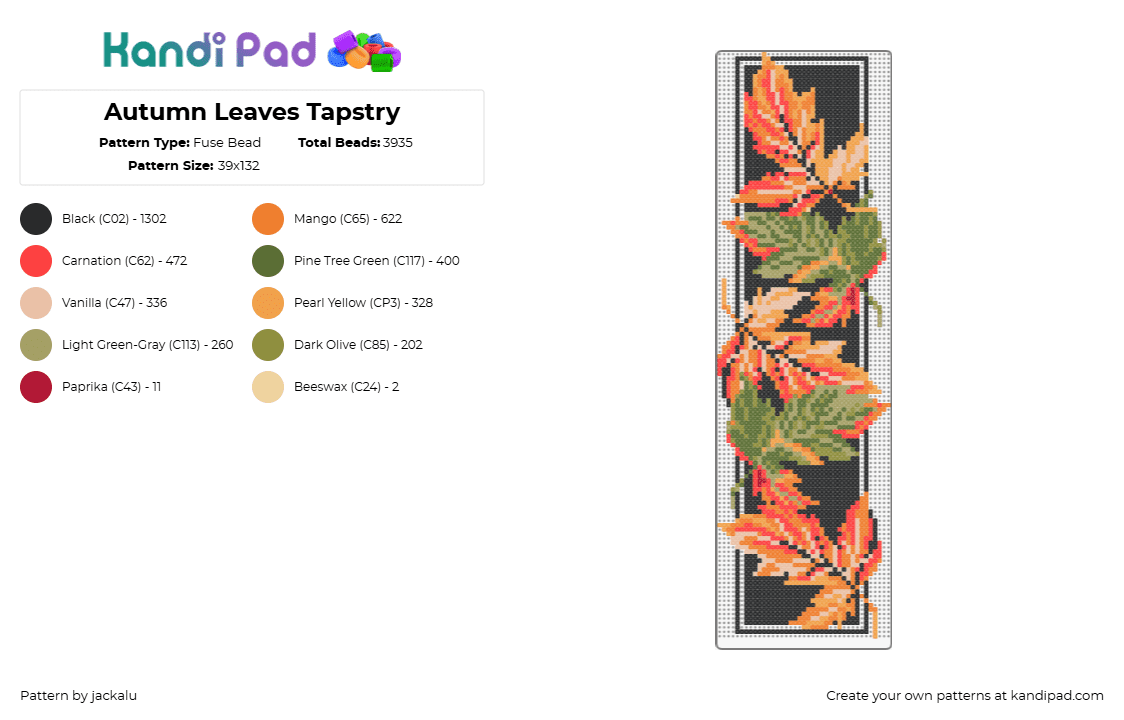 Autumn Leaves Tapstry - Fuse Bead Pattern by jackalu on Kandi Pad - leaves,fall,autumn,tapestry,banner,panel,orange,green,black