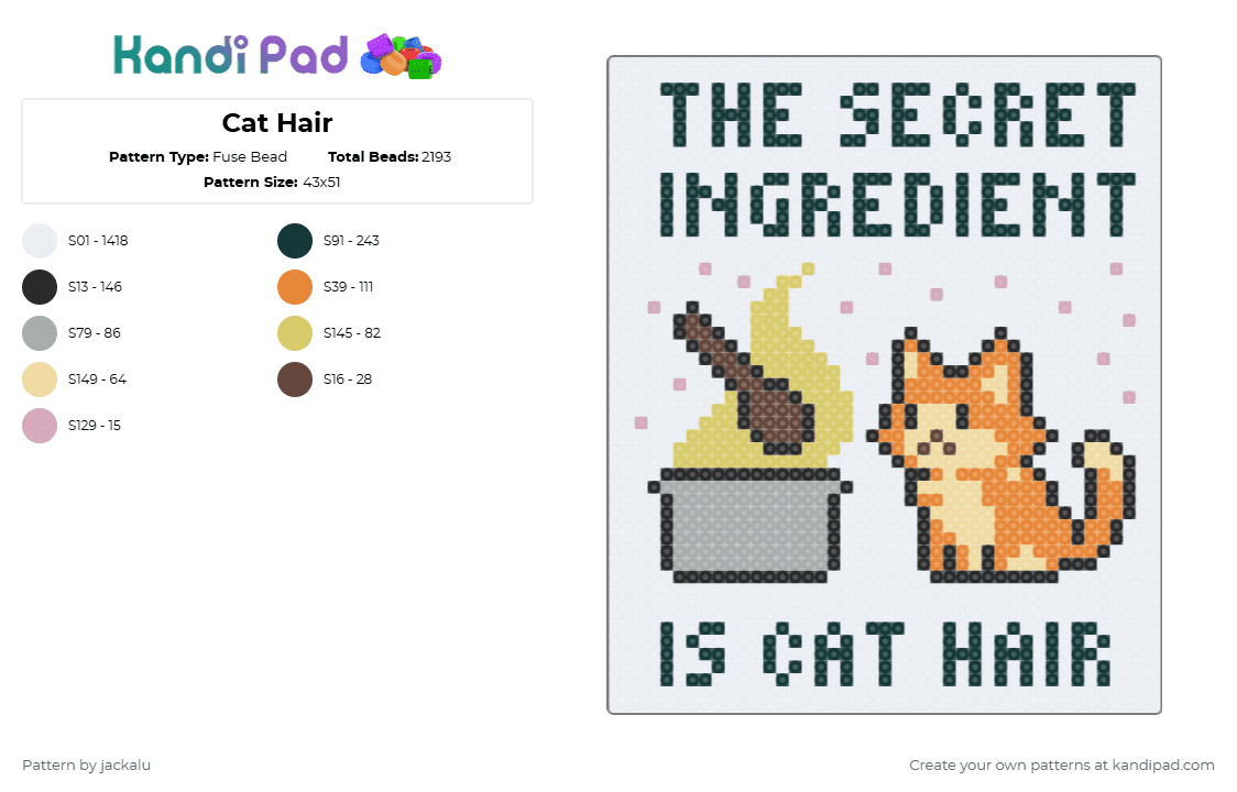 Cat Hair - Fuse Bead Pattern by jackalu on Kandi Pad - white,yellow,beige,colorful,cat,humor,cats