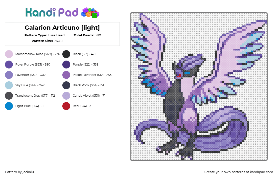 Galarion Articuno [light] - Fuse Bead Pattern by jackalu on Kandi Pad - articuno,pokemon,character,gaming,bird,winged,purple,pink,black