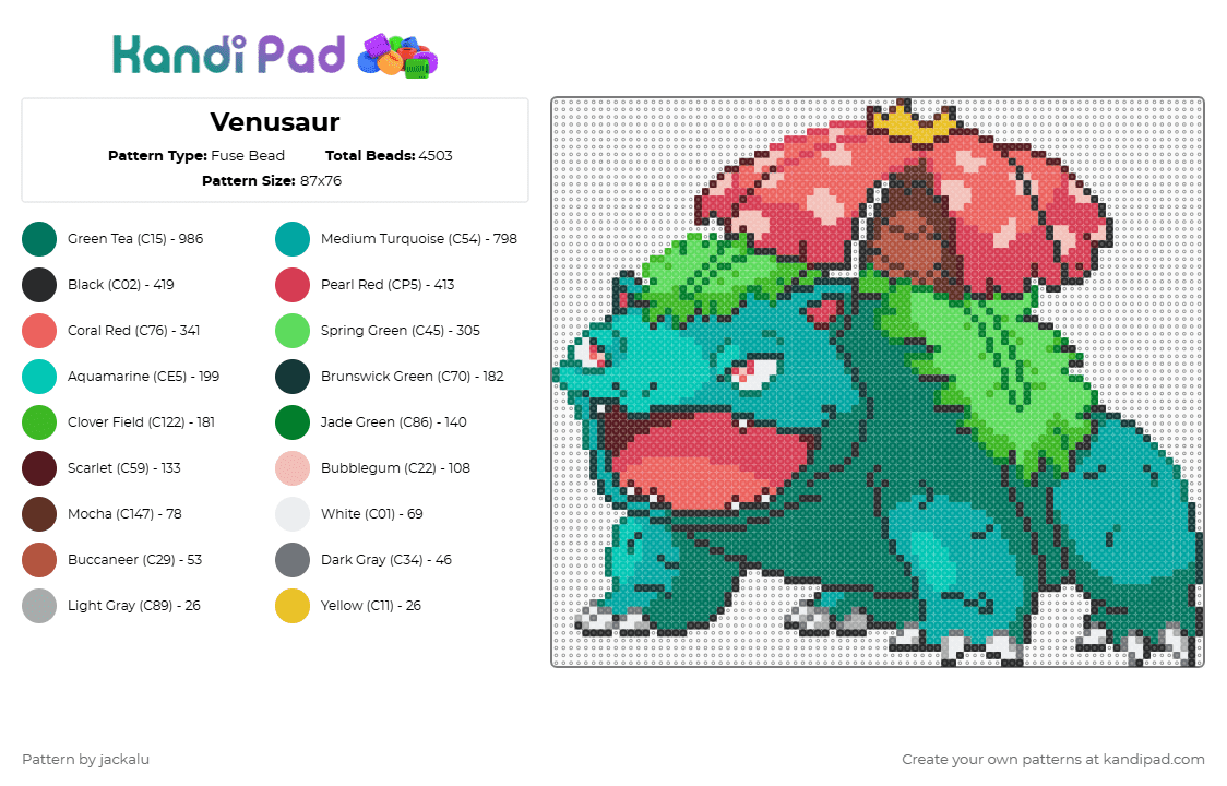 Venusaur - Fuse Bead Pattern by jackalu on Kandi Pad - venusaur,chonk,dinosaur,plant,gaming,pokemon,video game,teal,red