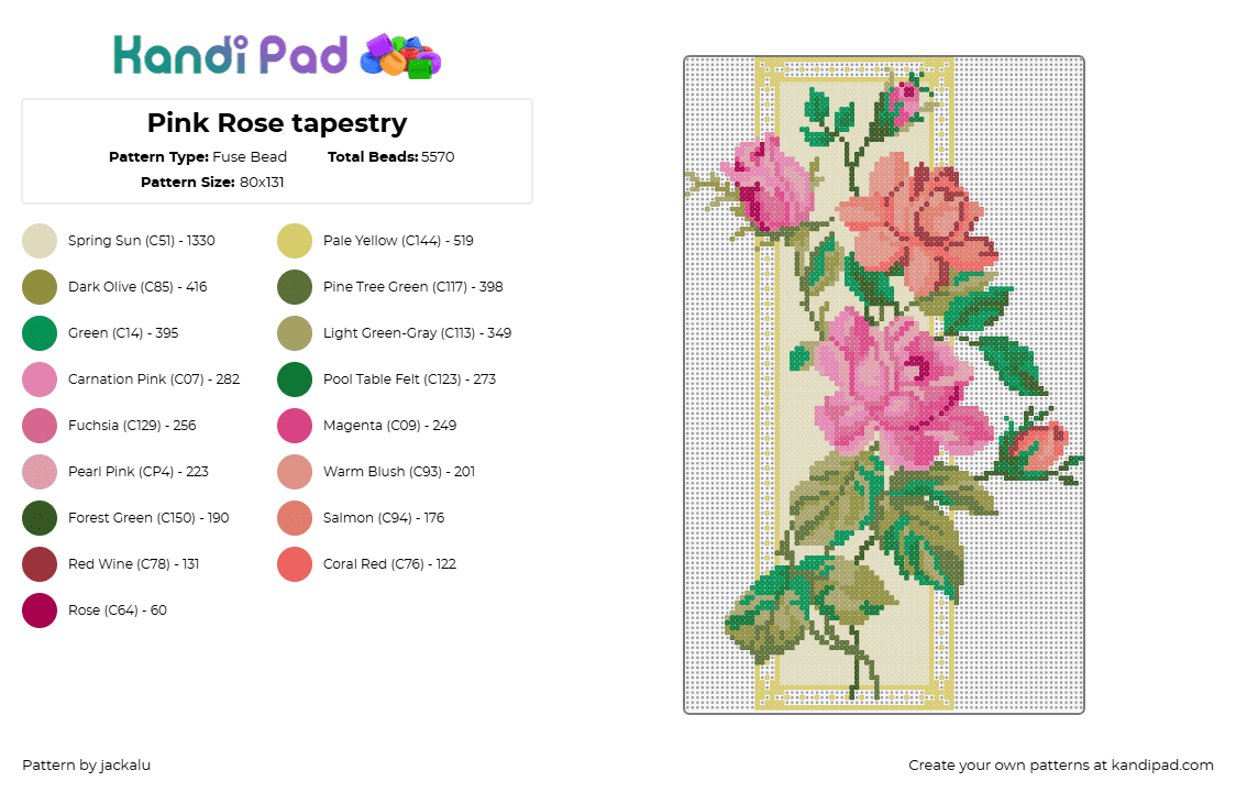 Pink Rose tapestry v2 - Fuse Bead Pattern by jackalu on Kandi Pad - roses,flowers,garden,bouquet,nature,tapestry,banner,green,pink,orange,yellow