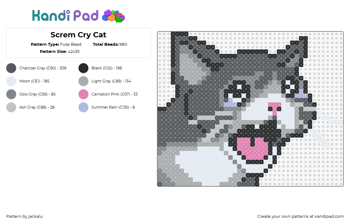 Screm Cry Cat - Fuse Bead Pattern by jackalu on Kandi Pad - cat,meme,cry,scream,animal,funny,gray,white