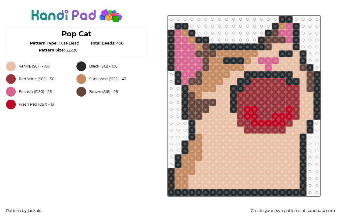 Pop Cat - Fuse Bead Pattern by jackalu on Kandi Pad - popcat,meme,animal,mouth,tan,red