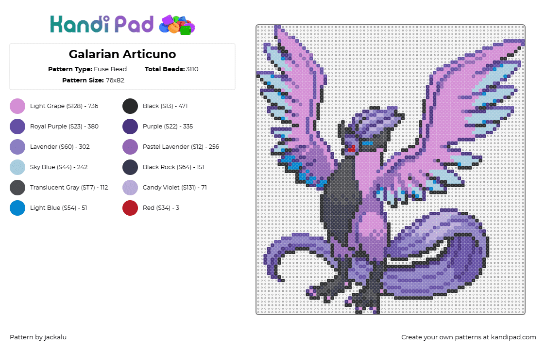 Galarian Articuno - Fuse Bead Pattern by jackalu on Kandi Pad - articuno,pokemon,character,gaming,bird,winged,purple,pink,black