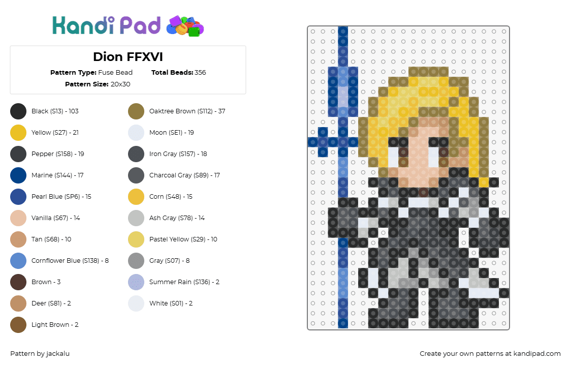 Dion FFXVI - Fuse Bead Pattern by jackalu on Kandi Pad - dion lesage,final fantasy,staff,character,chibi,video game,blonde,yellow,blue,gray