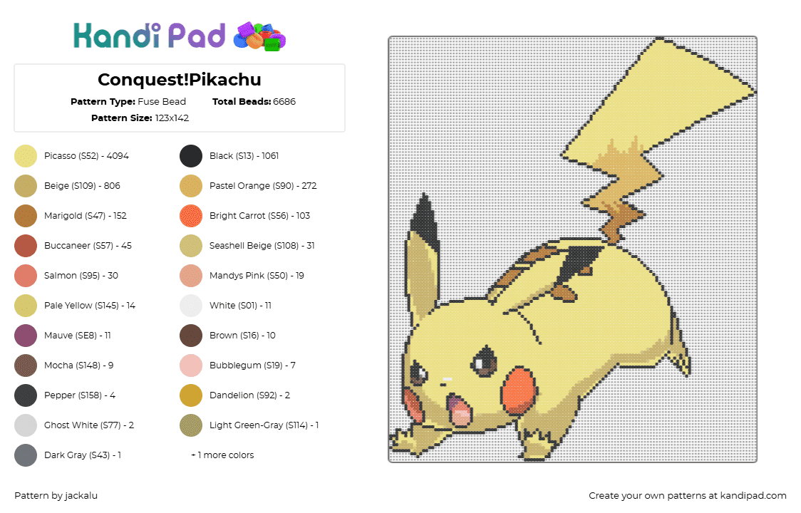 Conquest!Pikachu - Fuse Bead Pattern by jackalu on Kandi Pad - pikachu,pokemon,character,gaming,starter,yellow