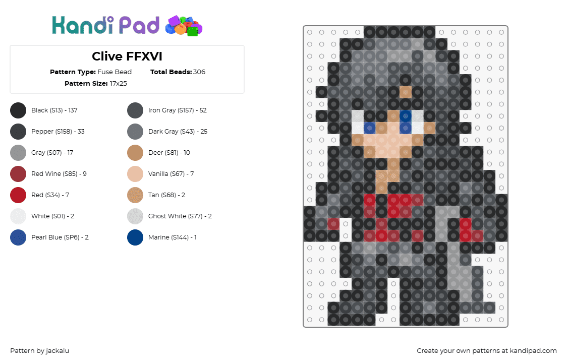 Clive FFXVI - Fuse Bead Pattern by jackalu on Kandi Pad - clive,final fantasy,chibi,character,video game,tan,black,gray