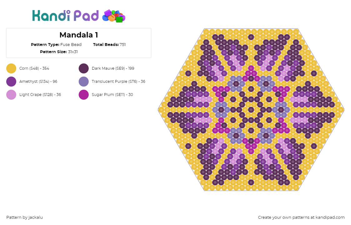 Mandala 1 - Fuse Bead Pattern by jackalu on Kandi Pad - mandala,geometric,hexagon,colorful,trippy,hypnotic,purple,gold