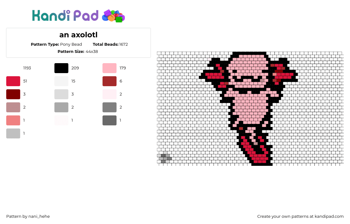 an axolotl - Pony Bead Pattern by nani_hehe on Kandi Pad - axolotl,animal,cute,underwater,panel,red,pink