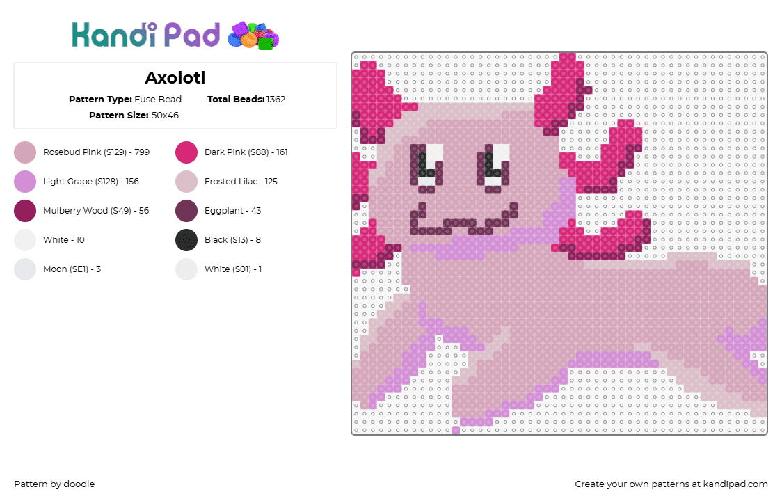 Axolotl - Fuse Bead Pattern by doodle on Kandi Pad - axolotl,animal,cute,pink