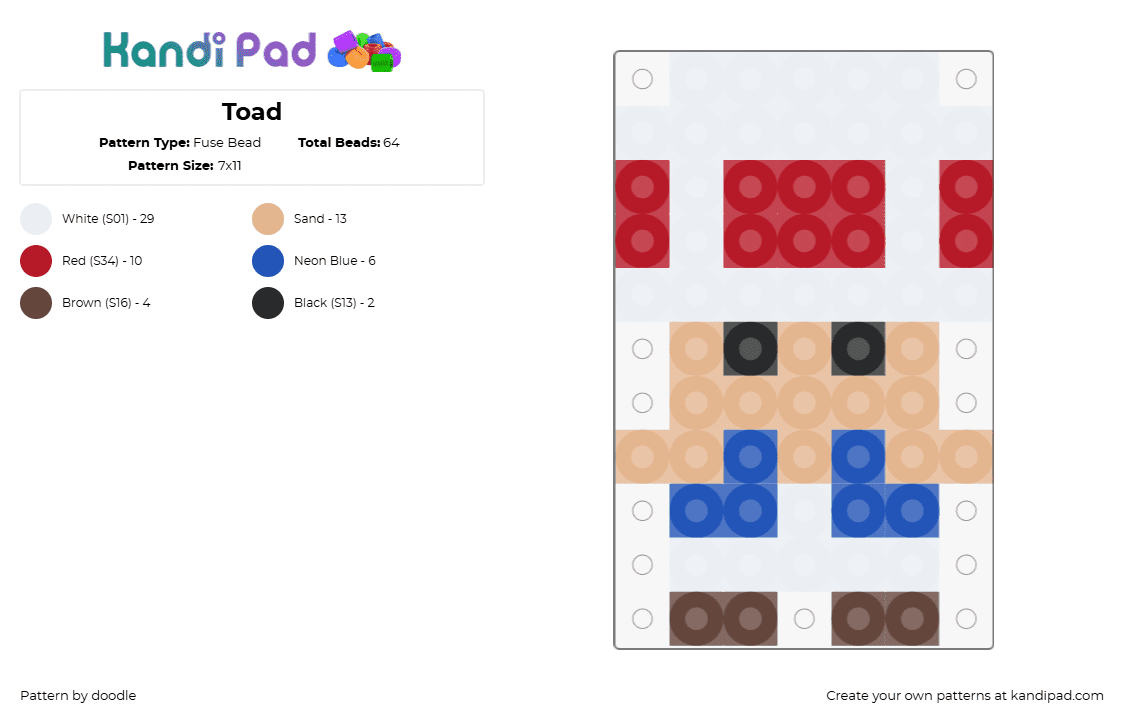 Toad - Fuse Bead Pattern by doodle on Kandi Pad - toad,mario,nintendo,character,cute,simple,video game,mushroom,white,red,tan,blue