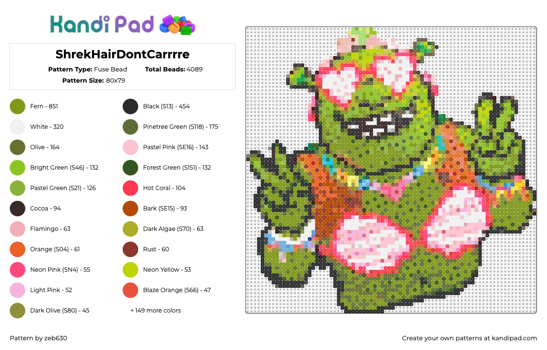 ShrekHairDontCarrrre - Fuse Bead Pattern by zeb630 on Kandi Pad - shrek,rave,plur,peace,hearts,cool,bikini,sunglasses,character,sticker,funny,green,pink