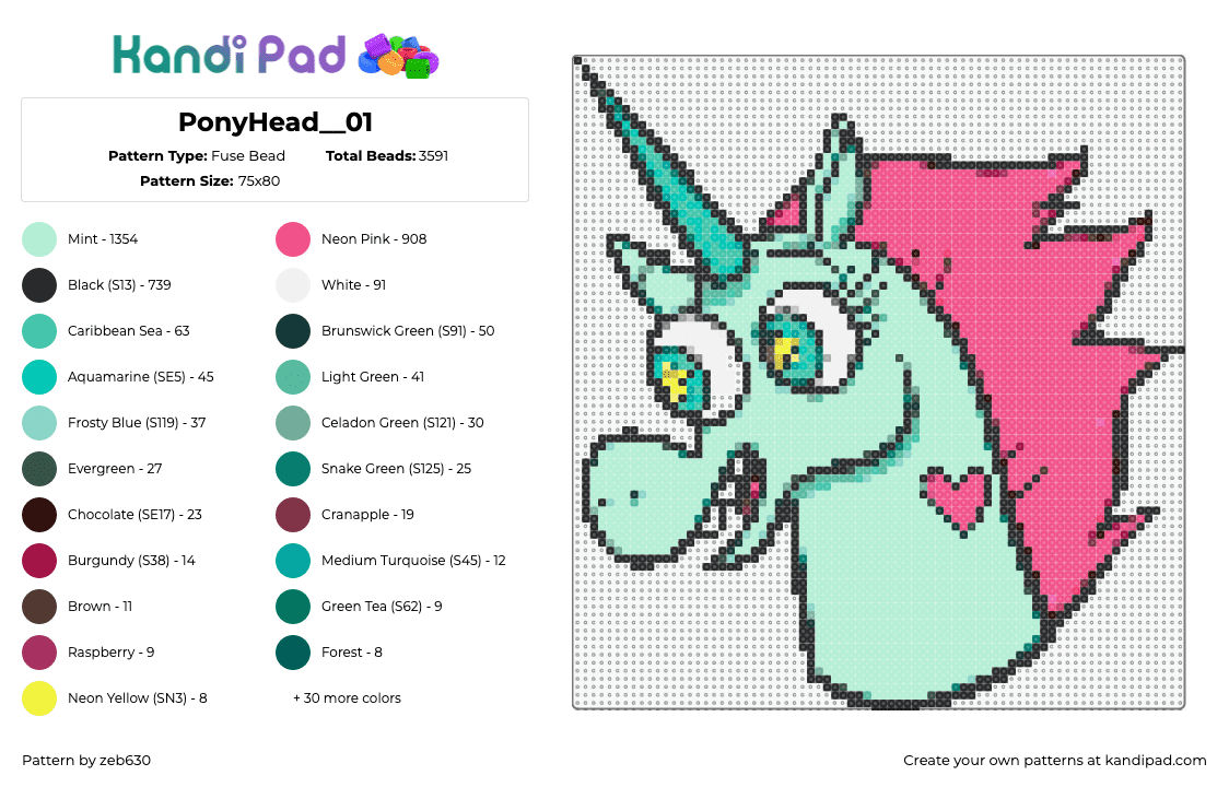 PonyHead__01 - Fuse Bead Pattern by zeb630 on Kandi Pad - flying princess pony head,star vs the forces of evil,unicorn,character,cartoon,disney,tv show,teal,pink