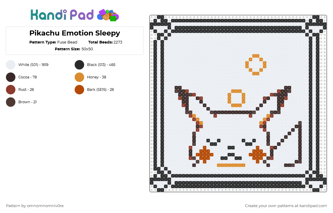 Pikachu Emotion Sleepy - Fuse Bead Pattern by omnomnomniv0re on Kandi Pad - white,brown,pokemon,pikachu,pokemon yellow,gameboy
