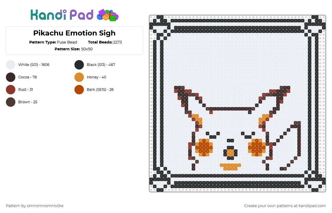 Pikachu Emotion Sigh - Fuse Bead Pattern by omnomnomniv0re on Kandi Pad - white,brown,pokemon,pikachu,pokemon yellow,gameboy