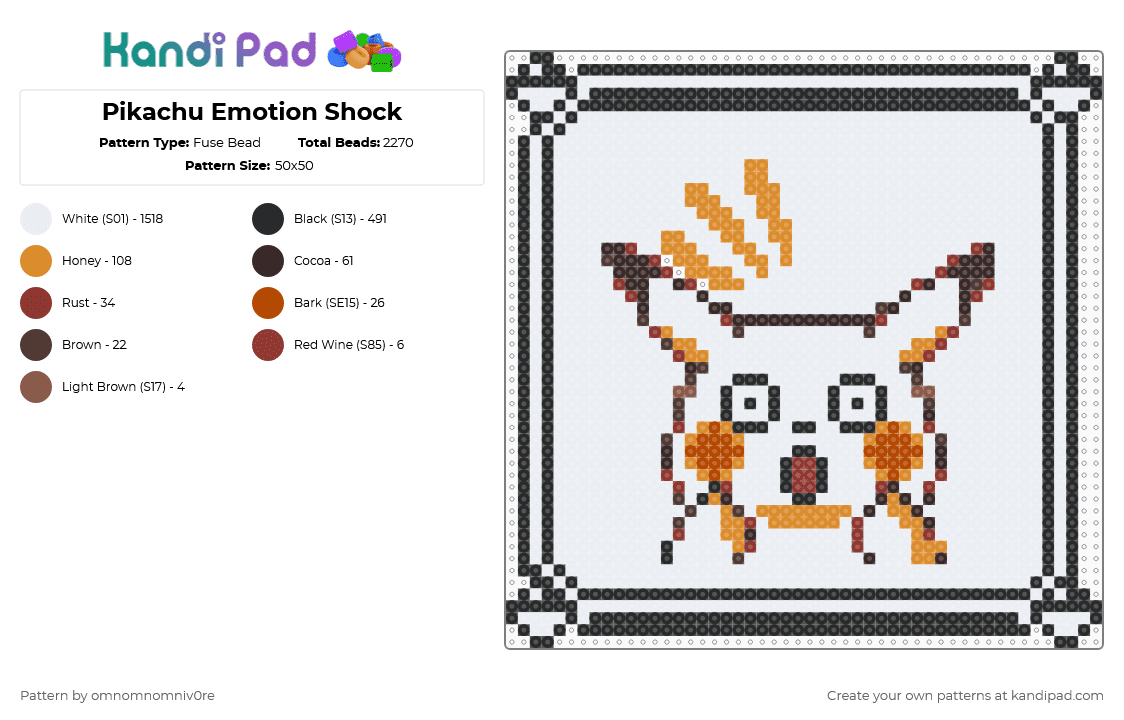Pikachu Emotion Shock - Fuse Bead Pattern by omnomnomniv0re on Kandi Pad - white,brown,red,orange,pokemon,pikachu,pokemon yellow,gameboy