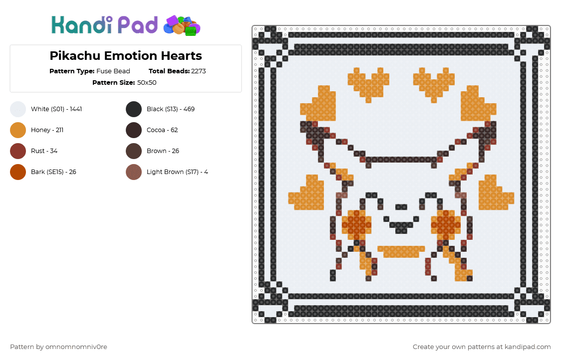 Pikachu Emotion Hearts - Fuse Bead Pattern by omnomnomniv0re on Kandi Pad - white,brown,orange,pokemon,pikachu,pokemon yellow,gameboy