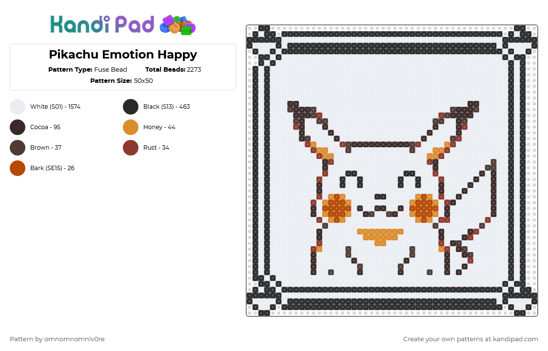 Pikachu Emotion Happy - Fuse Bead Pattern by omnomnomniv0re on Kandi Pad - white,brown,pokemon,pikachu,pokemon yellow,gameboy