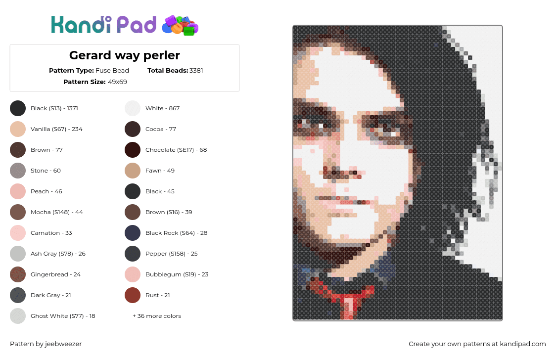 Gerard way perler - Fuse Bead Pattern by jeebweezer on Kandi Pad - gerard way,mcr,my chemical romance,portrait,music,emo,black,beige