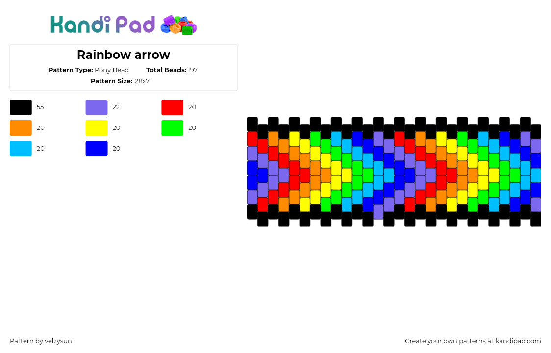 Rainbow arrow - Pony Bead Pattern by velzysun on Kandi Pad - chevron,arrows,rainbow,cuff,blue