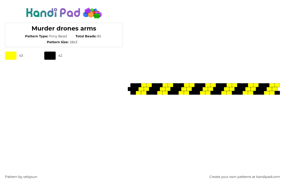 Murder drones arms - Pony Bead Pattern by velzysun on Kandi Pad - murder drones,caution,diagonal,stripes,tv show,animation,bracelet,cuff,yellow,black