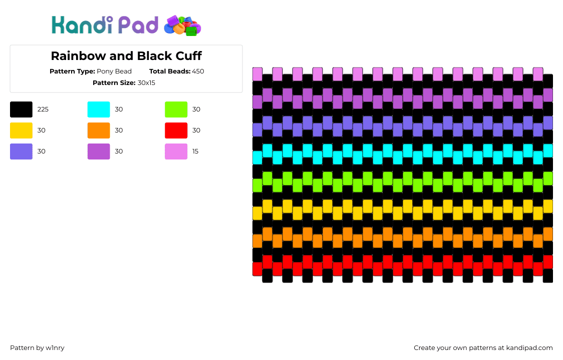 Rainbow and Black Cuff - Pony Bead Pattern by w1nry on Kandi Pad - rainbow,horizontal,stripes,panel,cuff,black,purple