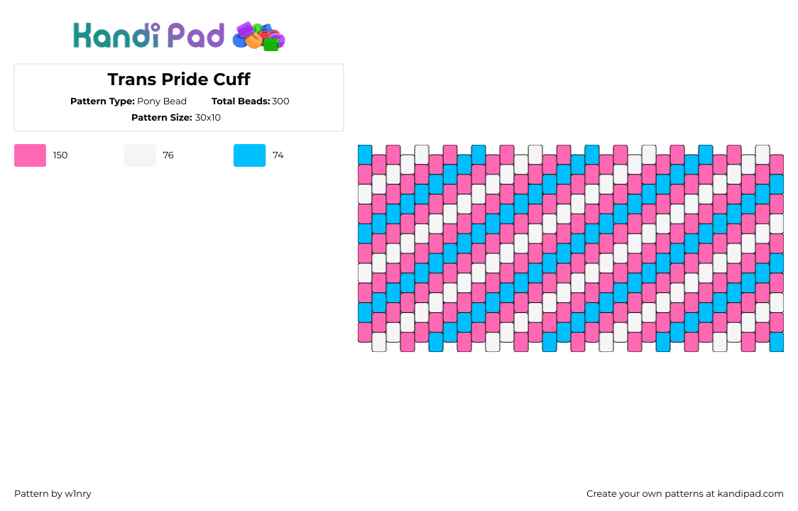 Trans Pride Cuff - Pony Bead Pattern by w1nry on Kandi Pad - trans,pride,diagonal,stripes,cuff,pink,light blue,white