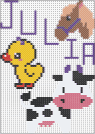 Julia - cow,horse,chick,julia,name,text,animal,farm,yellow,white,black