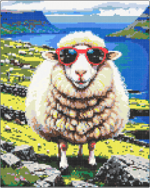 Sheep red sunglasses - sheep,sunglasses,lamb,animal,island,water,white,tan,green,blue