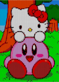 hello kitty and kirby - kirby,hello kitty,sanrio,nintendo,mashup,tapestry,panel,cute,characters,white,pink,green,orange