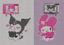 mymelody and kuromi - kuromi,my melody,sanrio,tapestry,panel,pink,gray,white