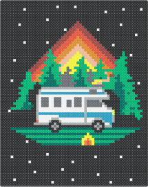 هبه - camping,forest,camper,van,night,panel,trees,woods,fire,night,dark,black,green,orange