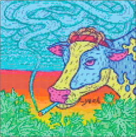 Cow - cow,hippie,weed,animal,farm,smoke,trippy,colorful,sunset,panel,green,teal,yellow,orange