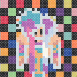 scene kid with a rainbow checkered background - scene,checkered,character,colorful,pastel,panel,pink,purple,black