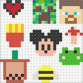 Easy Perler Bead Crafts - creeper,steve,fries,heart,frog,bee,mickey,charms,simple,minecraft,green,tan,red