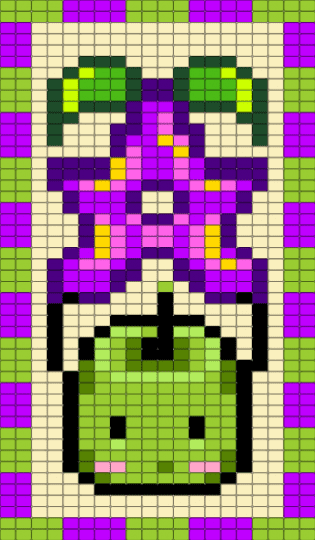 Junimo holding Stardrop - banner, green, junimo, purple, stardew, stardew valley, stardrop, tapestry, yellow