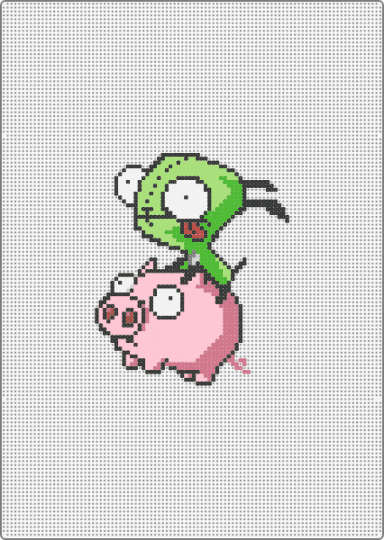 GIR RIDING A PIG - gir,pig,silly,character,animal,cartoon,tv show,pink,green,invader zim
