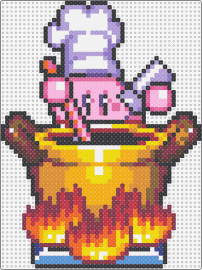 Cooking Kirby - kirby,nintendo,adorable character,chef,vibrant concoction,pinks,flame colors,pur