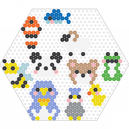 Kawada Perler Small / Tiny Animals (Hexagon) - light blue,yellow,beige,bear,sheep,fish,penguin,rabbit,frog,bee,duck