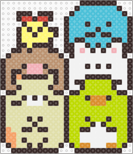 Kawada Perler Sumikko Stack | Tokage, Tonkatsu, Shirokuma, Penguin?, Neko, Ebifurai no Shippo - brown, character, cute, fuse bead, green, kawaii, pastel, san x, sumikko gurashi, yellow