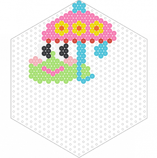 Frog Holding Umbrella (Hexagon Board) - animal, cute, fuse bead, green, kawaii, light blue, perler, pink, rain