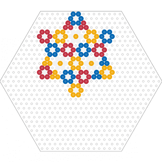 Kawada Perler Geometric Star (Hexagon Board) - 6 pointed star, blue, flower, geometric, orange, red, six pointed star