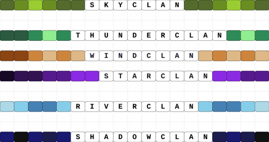 all the warrior cats clans! {} matching/non matching singles!! - white,purple,beige,gold,colorful