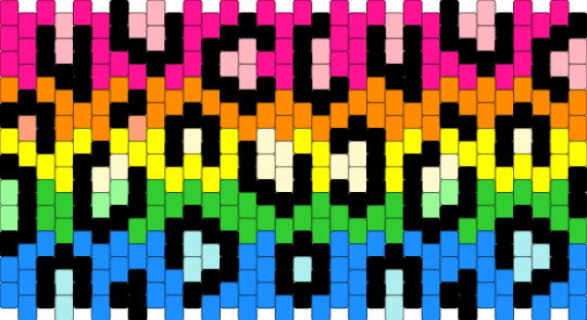 Day 8 of 31 of stealing things from KandiPatterns: rainbow leopard print - pink,orange,yellow,light blue,rainbow,animal,colorful,leopard,leopard print,cuff,multistitch,kandipatterns