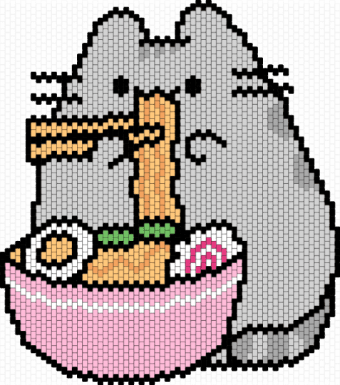 Pusheen eating ramen - cat, cats, cute, food, japanese, kawaii, orange, pink, pusheen, ramen, white