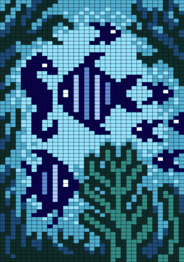 Sea Squared Fringe Tapestry V2 (35×70) - blue, fish, green, light blue, ocean, sea, sea creature, sea life, tapestry