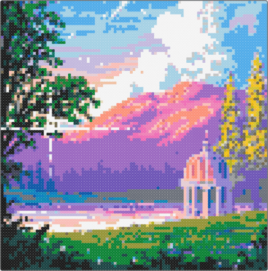 mountain view - green,light blue,beige,pink,colorful